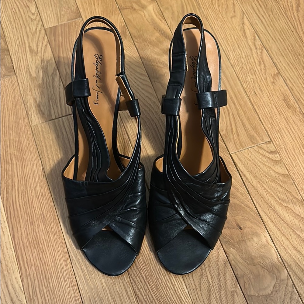 Elizabeth and James Black Leather Slingback Heels